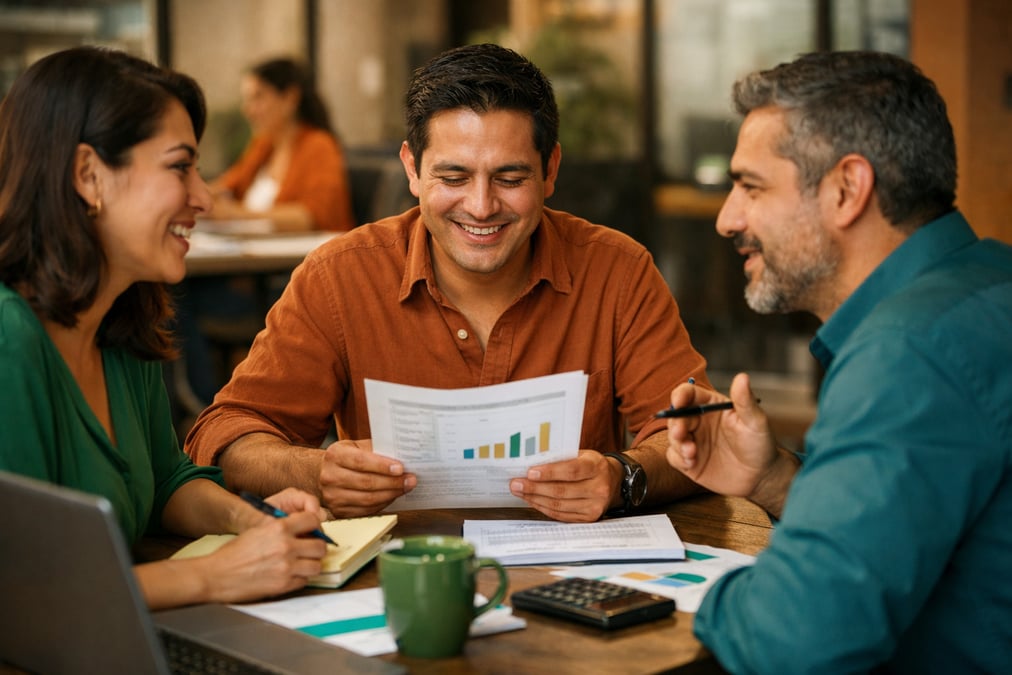 Hombre revisando datos salariales en el celular antes de entrar a la oficina un domingo por la mañana