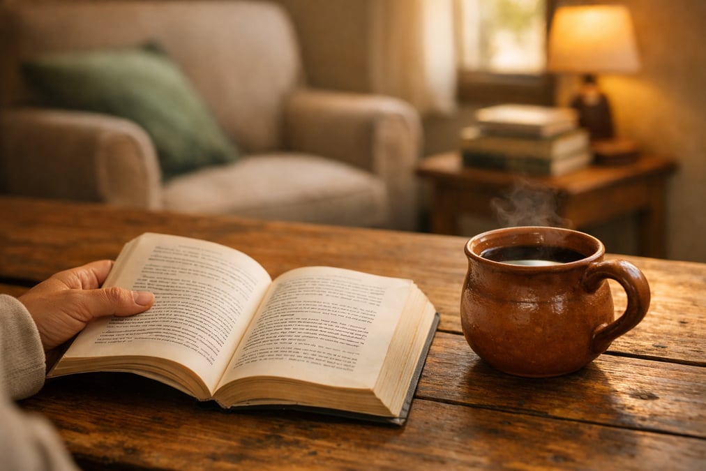 Un libro de bolsillo abierto sobre una mesa de cocina junto a una taza de café y una ventana con luz de la tarde, sin pantallas a la vista