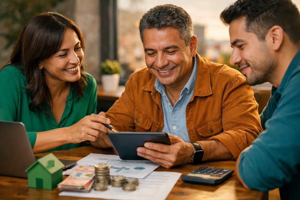 Inversionista revisando el desempeño de su portafolio en dos pantallas en el transporte público con el celular