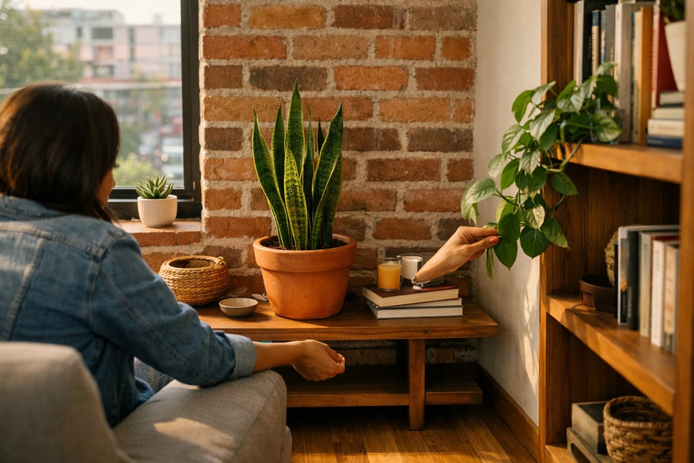 Sala chica en un departamento de CDMX con una sansevieria en una maceta de barro sobre un mueble bajo, un pothos colgando de una repisa y luz suave de la tarde