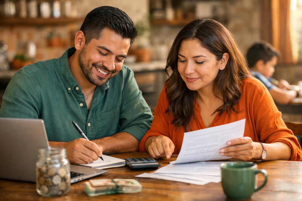 Pareja discutiendo el presupuesto familiar con una laptop en la cocina después del trabajo