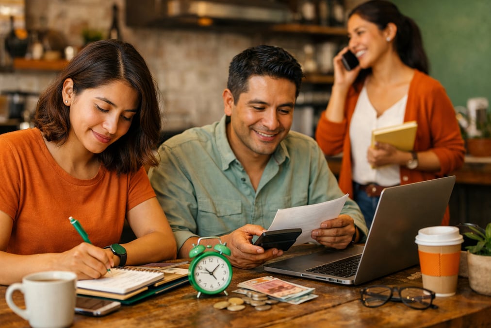 Pareja discutiendo el presupuesto familiar con una laptop en la cocina después del trabajo