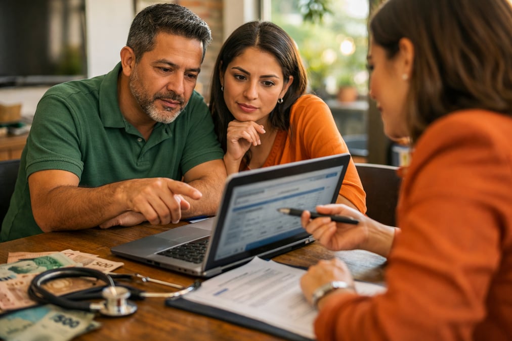 Joven profesional categorizando gastos en una app del celular en un café con su pareja al lado
