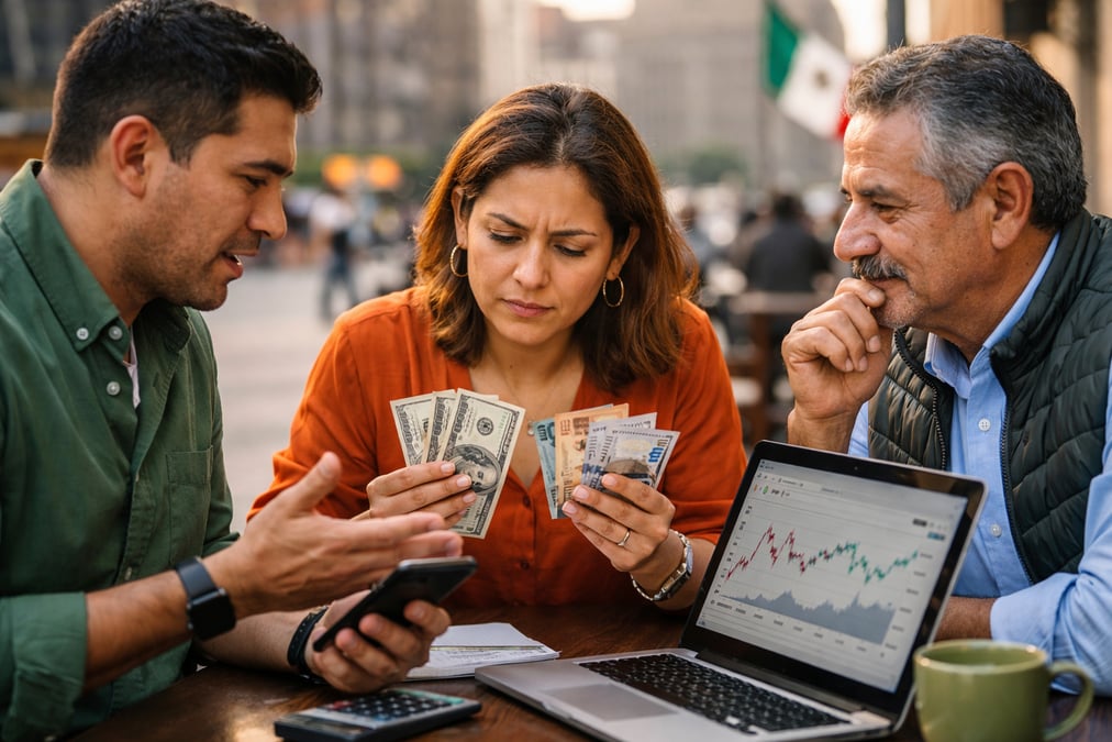 Joven profesional categorizando gastos en una app del celular en un café con su pareja al lado